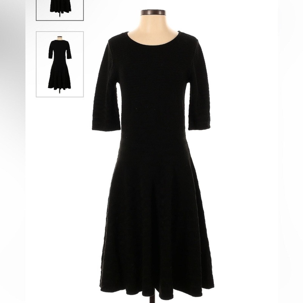 Ivanka Trump Horizontal Ribbed Black Knit A-Line Dress Small Knee Length